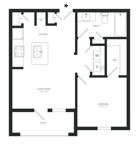 Floor plan for 1 bed, 1 bath, 734 sqft